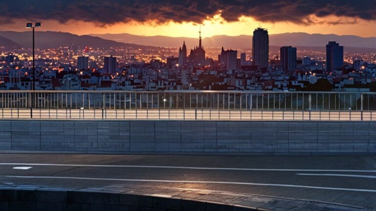 Panorámica de un moderno centro de convenciones en Barcelona iluminado por luces urbanas al anochecer
