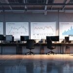 Oficinas modernas de una startup tecnológica con pantallas y gráficos financieros en las paredes.