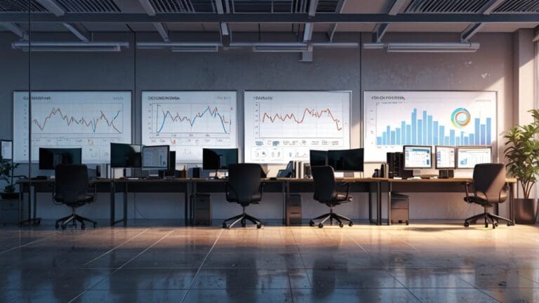 Oficinas modernas de una startup tecnológica con pantallas y gráficos financieros en las paredes.