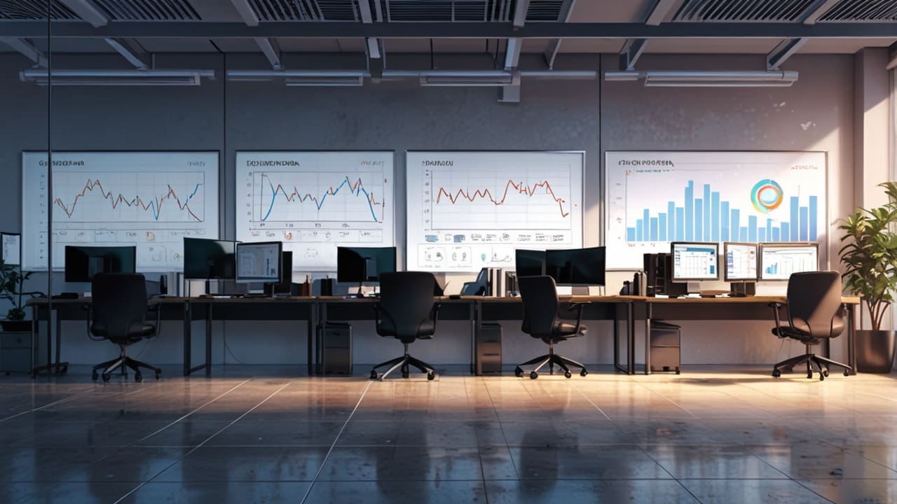 Oficinas modernas de una startup tecnológica con pantallas y gráficos financieros en las paredes.