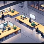 Moderno centro de innovación tecnológica con personas colaborando alrededor de mesas de trabajo