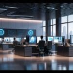 Oficinas modernas con computadoras y tecnología de software, ambiente profesional futurista