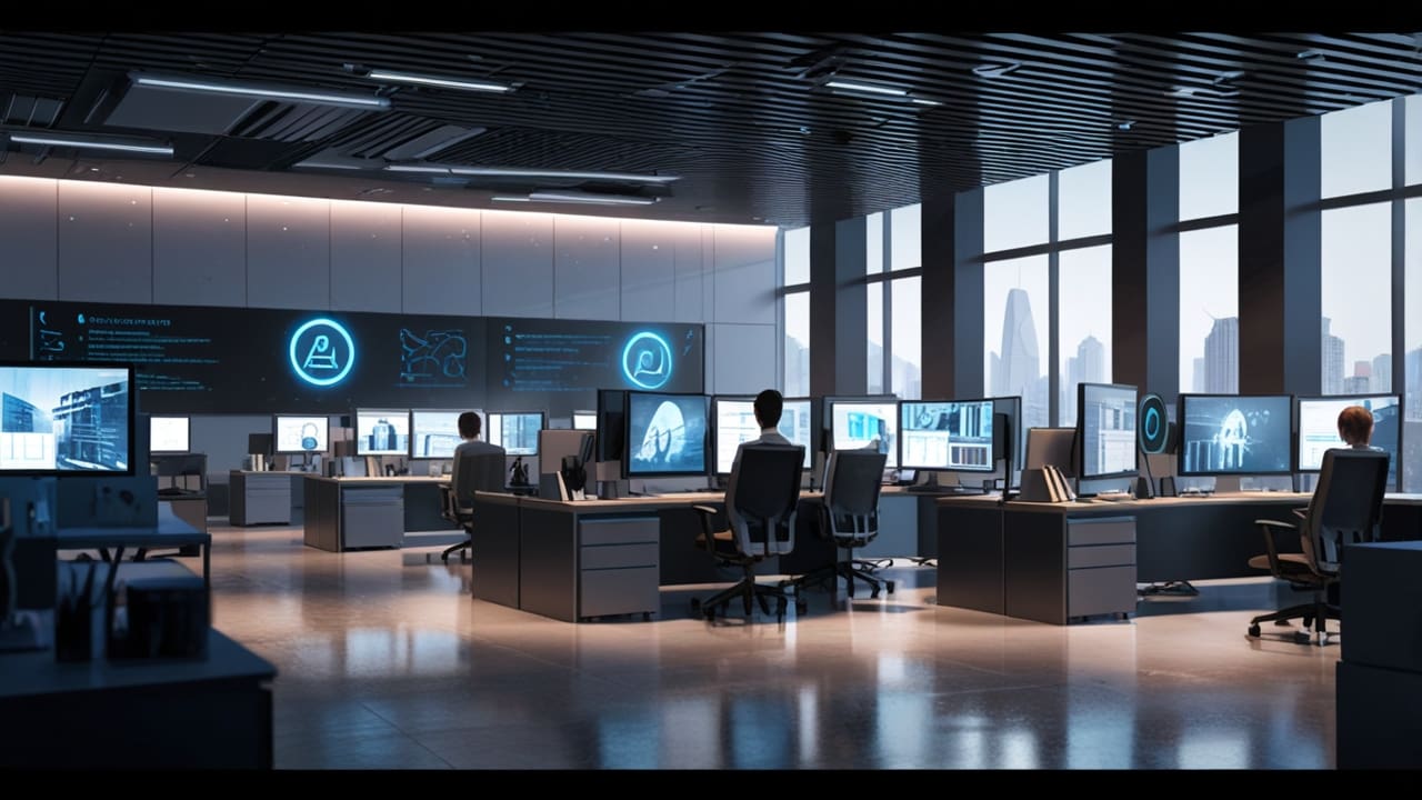 Oficinas modernas con computadoras y tecnología de software, ambiente profesional futurista
