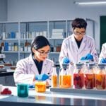 Laboratorio moderno con estudiantes trabajando en residuos de frutas para crear celulosa