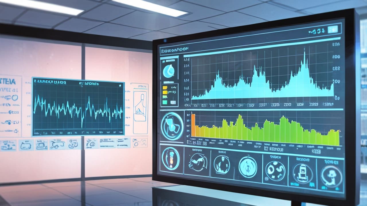 Pantalla de computadora mostrando un gráfico de datos médicos en un entorno de oficina moderno