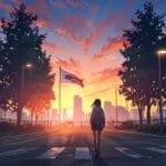 Parque urbano con corredores y una bandera en el fondo al amanecer