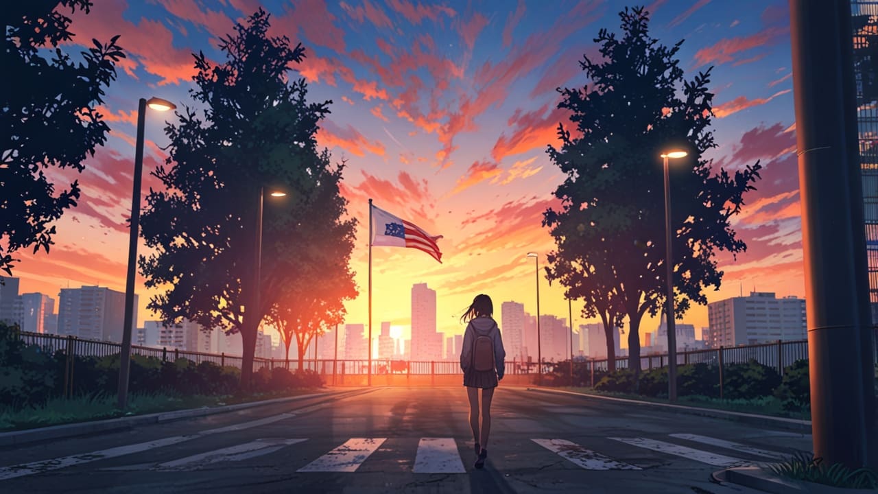 Parque urbano con corredores y una bandera en el fondo al amanecer