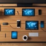 Oficina moderna con pizarras digitales y dispositivos electrónicos sobre mesas