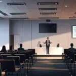 Sala de conferencias moderna con representantes de empresas tecnológicas colaborando