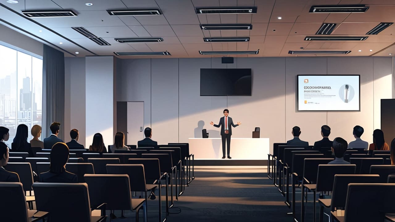 Sala de conferencias moderna con representantes de empresas tecnológicas colaborando