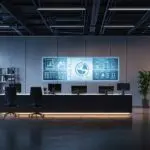 Oficinas modernas de tecnología con equipos y paneles digitales en un espacio bien iluminado