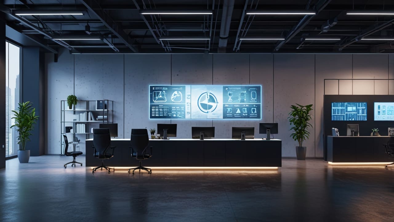 Oficinas modernas de tecnología con equipos y paneles digitales en un espacio bien iluminado