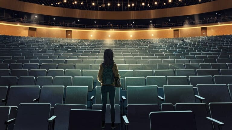 Auditorio moderno lleno de personas asistiendo a una conferencia de tecnología con pantallas grandes
