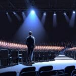 Evento empresarial en un moderno auditorio con pantallas digitales y asistentes vestidos de manera formal