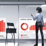 Oficina moderna con pantallas mostrando datos musicales y gráficos de regalías.