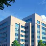 Robusto edificio de tecnología en un campus empresarial moderno bajo un cielo claro