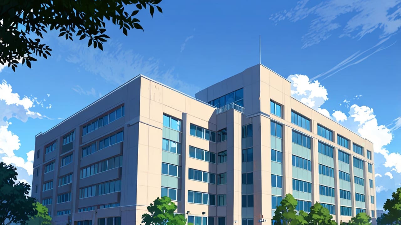 Robusto edificio de tecnología en un campus empresarial moderno bajo un cielo claro