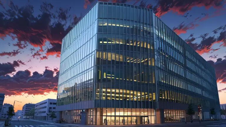 Un moderno edificio de oficinas de diseño arquitectónico innovador iluminado al atardecer en una ciudad europea.