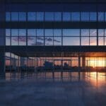 Edificios modernos de un parque empresarial tecnológico al atardecer