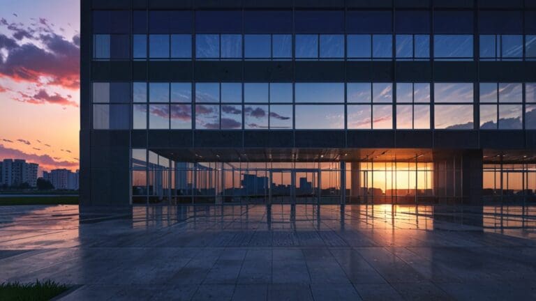 Edificios modernos de un parque empresarial tecnológico al atardecer
