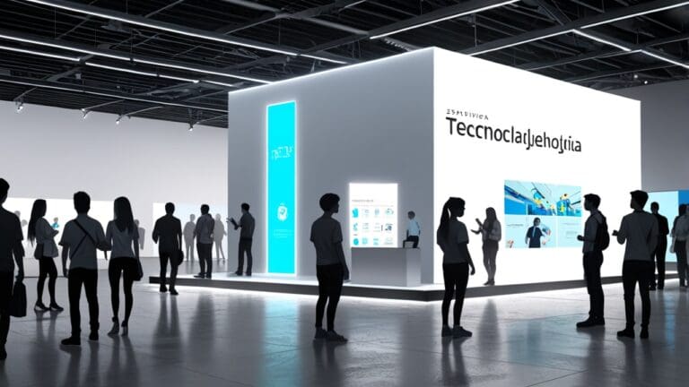 Espacio moderno de exhibición tecnológica con stands de startups y visitantes interactuando