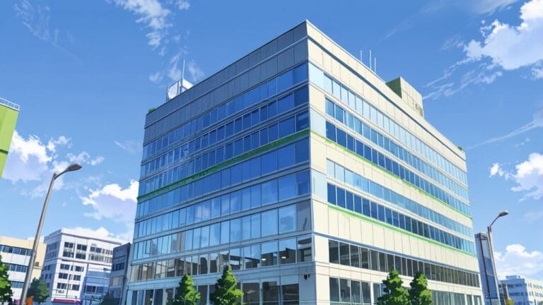 Edificio moderno de oficinas con diseño innovador y tecnología avanzada, rodeado de verde y un cielo claro