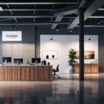 Oficinas modernas de una startup tecnológica con exhibidores de productos saludables