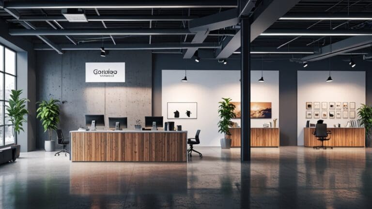 Oficinas modernas de una startup tecnológica con exhibidores de productos saludables