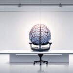 Primer plano de un implante cerebral sobre una mesa blanca con un entorno de oficina tecnológica de fondo.