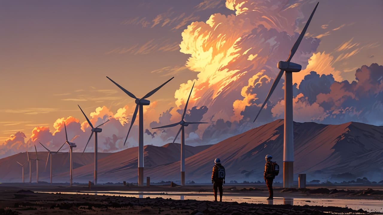 Turbinas eólicas en un entorno montañoso al amanecer, resaltando innovación y tecnología.