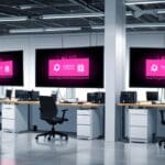 Oficinas modernas de una startup de inteligencia artificial con pantallas de computadoras mostrando transacciones digitales