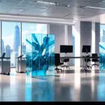 Oficina moderna con equipos tecnológicos y vitrinas de cristal