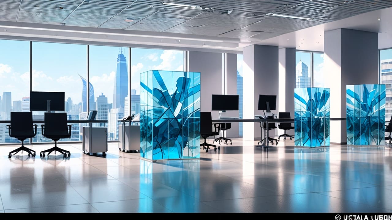 Oficina moderna con equipos tecnológicos y vitrinas de cristal