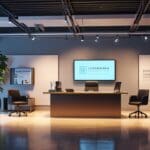 Oficina moderna con tecnología avanzada enfocada en IA, pantallas y escritorios organizados.