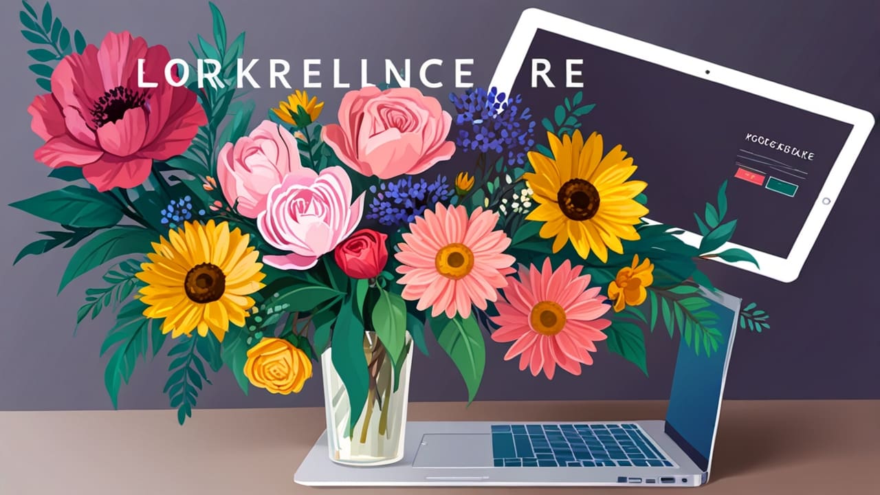 Plataforma digital de marketplace de flores en un ordenador moderno y elegante.