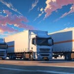 Camiones modernos en un centro logístico urbano bajo cielos despejados