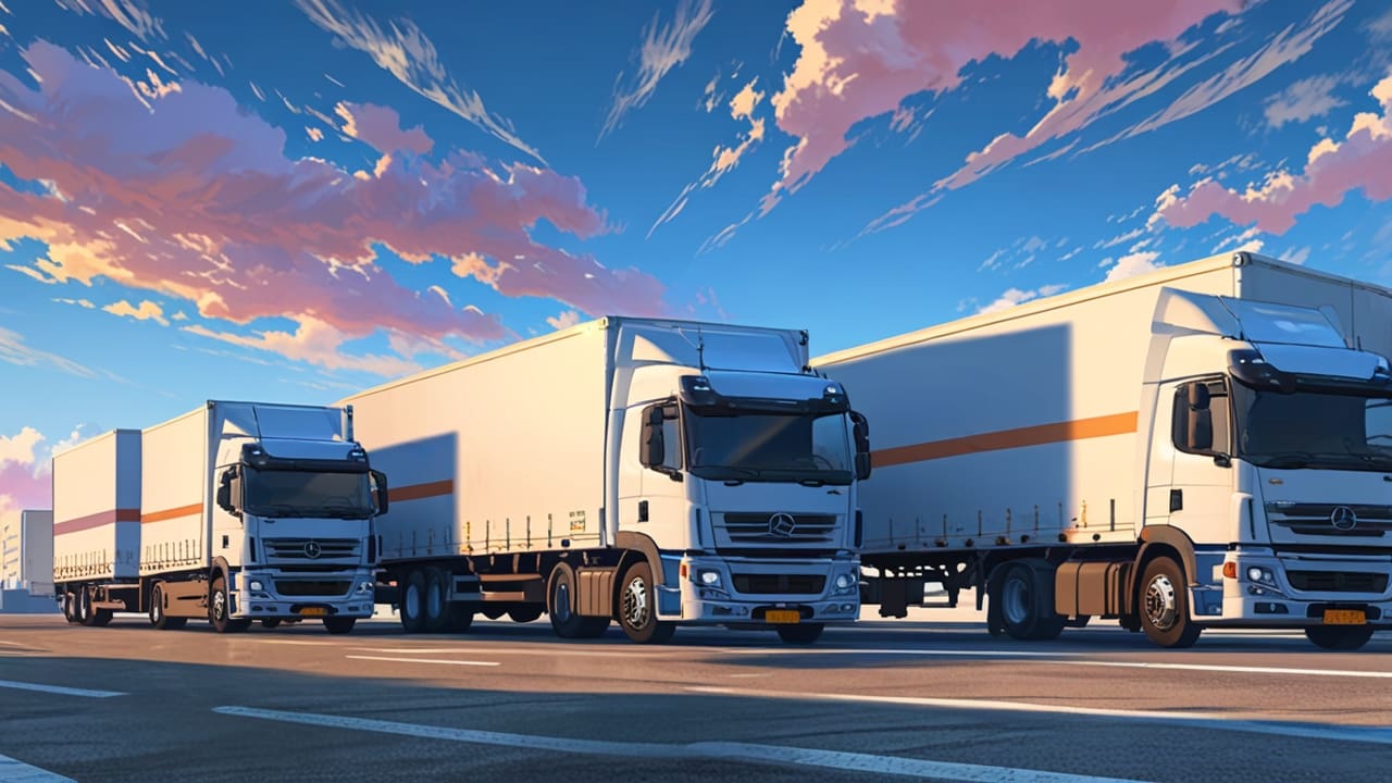 Camiones modernos en un centro logístico urbano bajo cielos despejados