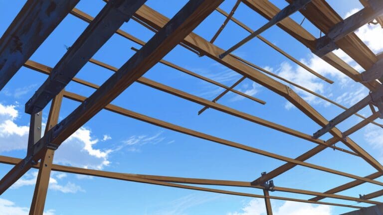 Primer plano de una innovadora planta de producción rodeada de madera y metal bajo un cielo despejado