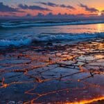 Vista panorámica de un océano con acuiculturas tecnológicas y sostenibles al atardecer