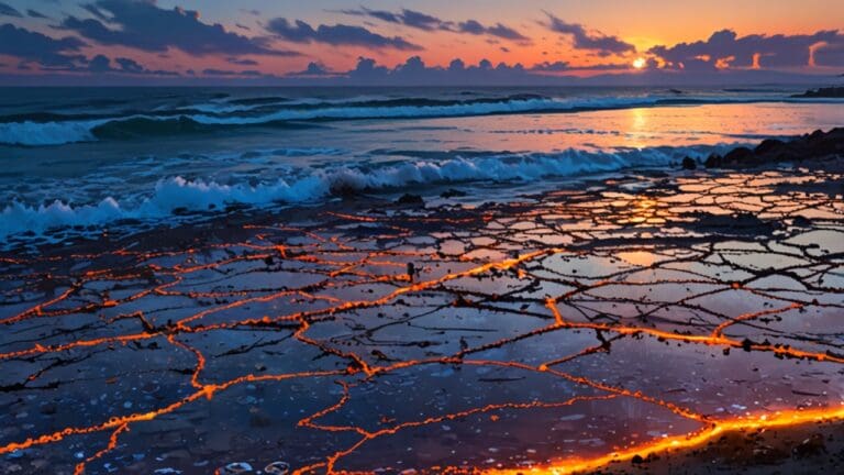 Vista panorámica de un océano con acuiculturas tecnológicas y sostenibles al atardecer