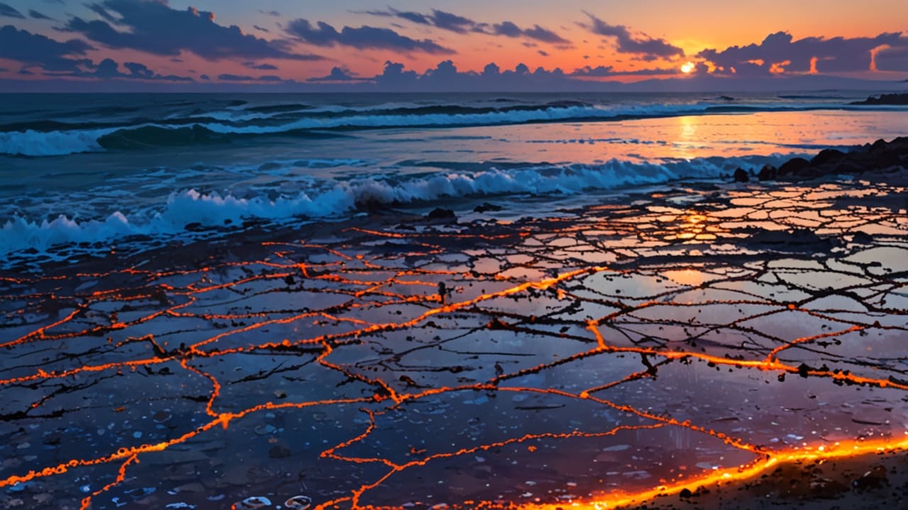 Vista panorámica de un océano con acuiculturas tecnológicas y sostenibles al atardecer