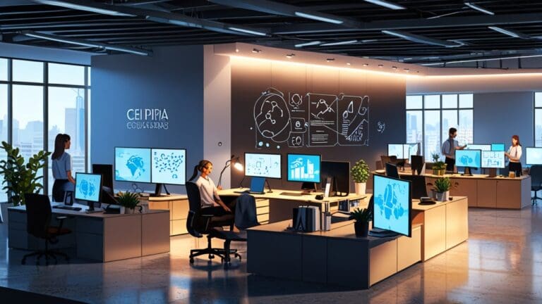 Oficina moderna con equipos tecnológicos y ambiente de trabajo colaborativo