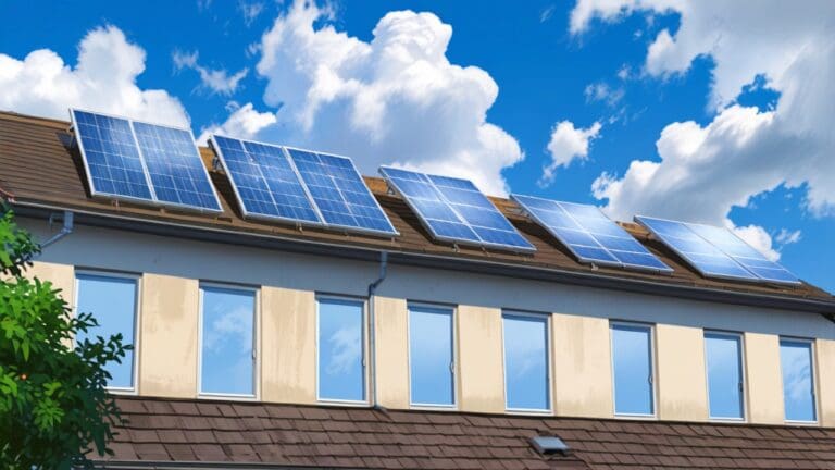Instalación de paneles solares en techos de casas modernas bajo un cielo despejado