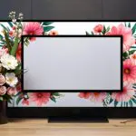 Arreglo floral en un entorno digital moderno con pantalla de computadora y flores alrededor.