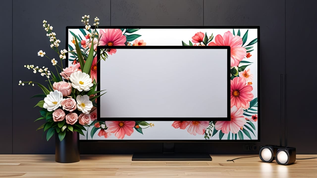 Arreglo floral en un entorno digital moderno con pantalla de computadora y flores alrededor.