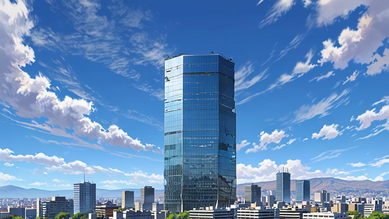 Complejo de edificios de tecnología con el paisaje urbano de Santiago al fondo, cielo despejado.