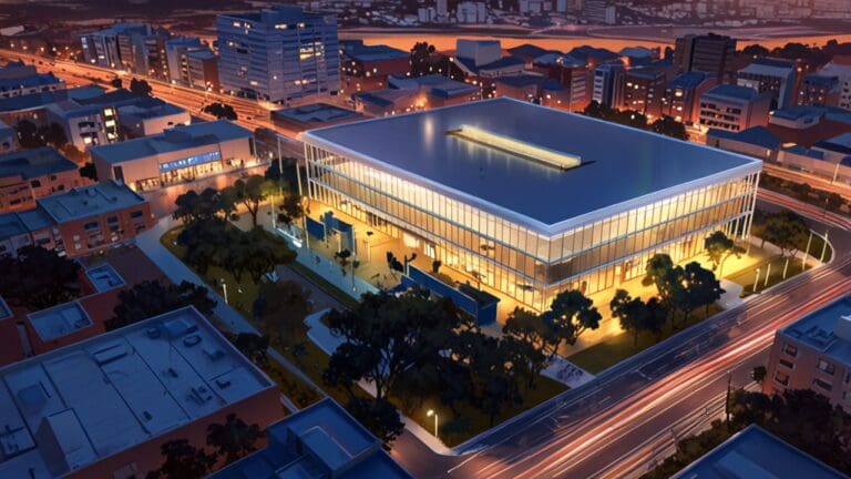 Vista aérea de un moderno centro de eventos rodeado de naturaleza en un atardecer iluminado.