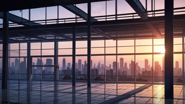 Primer plano de una estructura arquitectónica moderna hecha con hormigón avanzado bajo luz del amanecer.