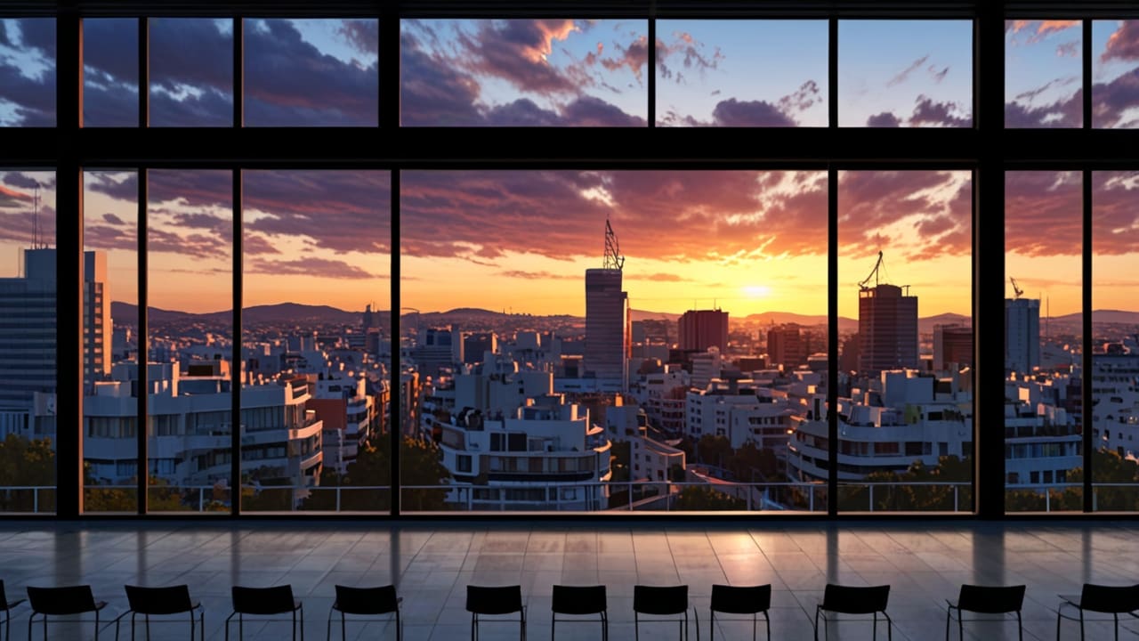 Vista panorámica de un moderno centro de convenciones en Madrid, con rascacielos al fondo, al atardecer.