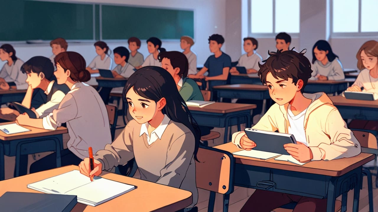 Jóvenes interactuando con dispositivos tecnológicos en un aula moderna